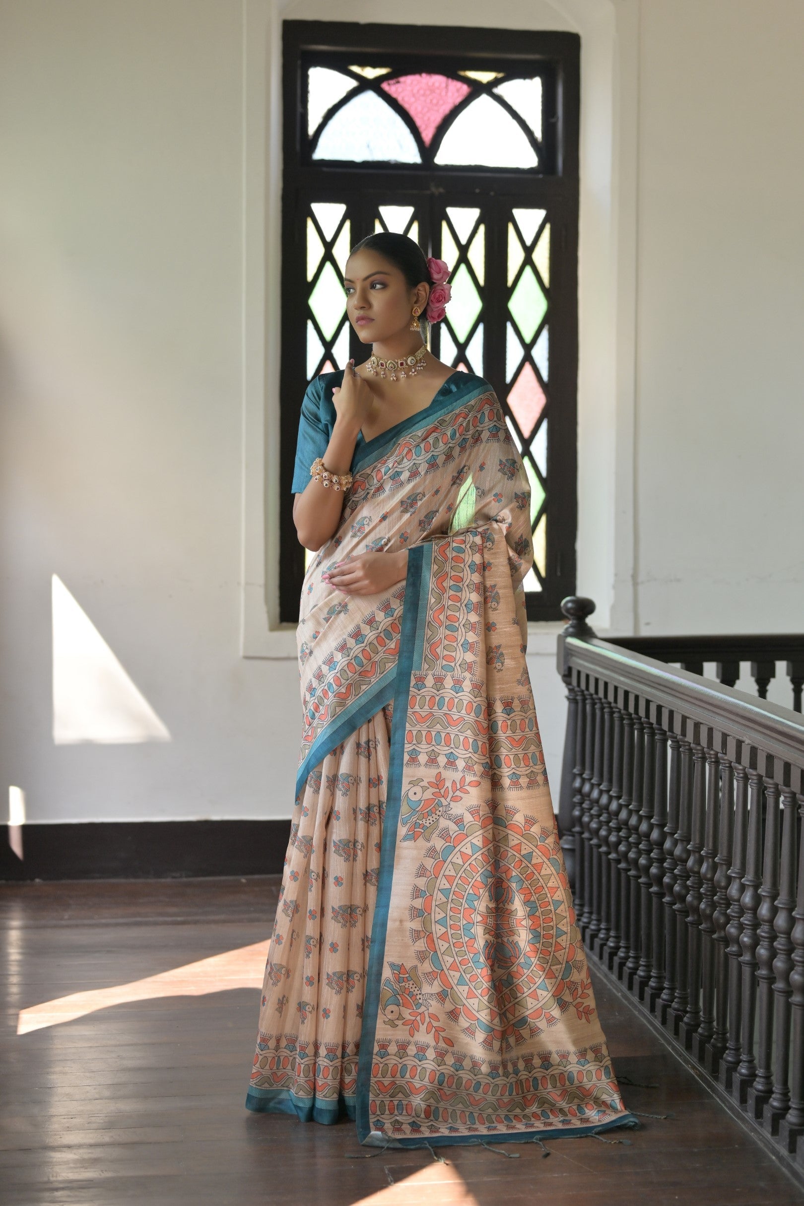 Rama color Tussar Silk designer saree with Madhubani geometric prints and matching blouse piece.