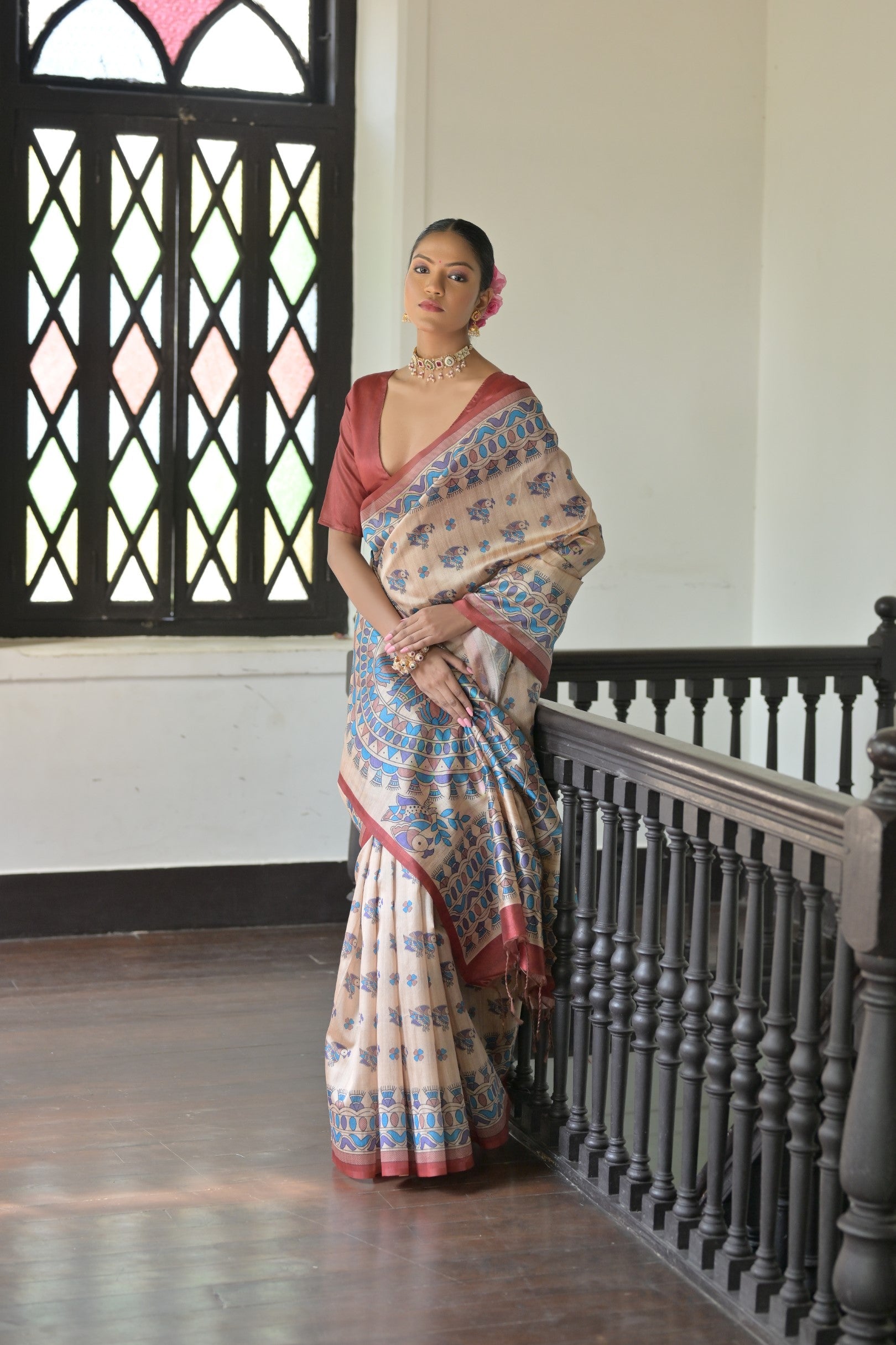 Red Soft Tussar Silk Designer Saree with Madhubani Print