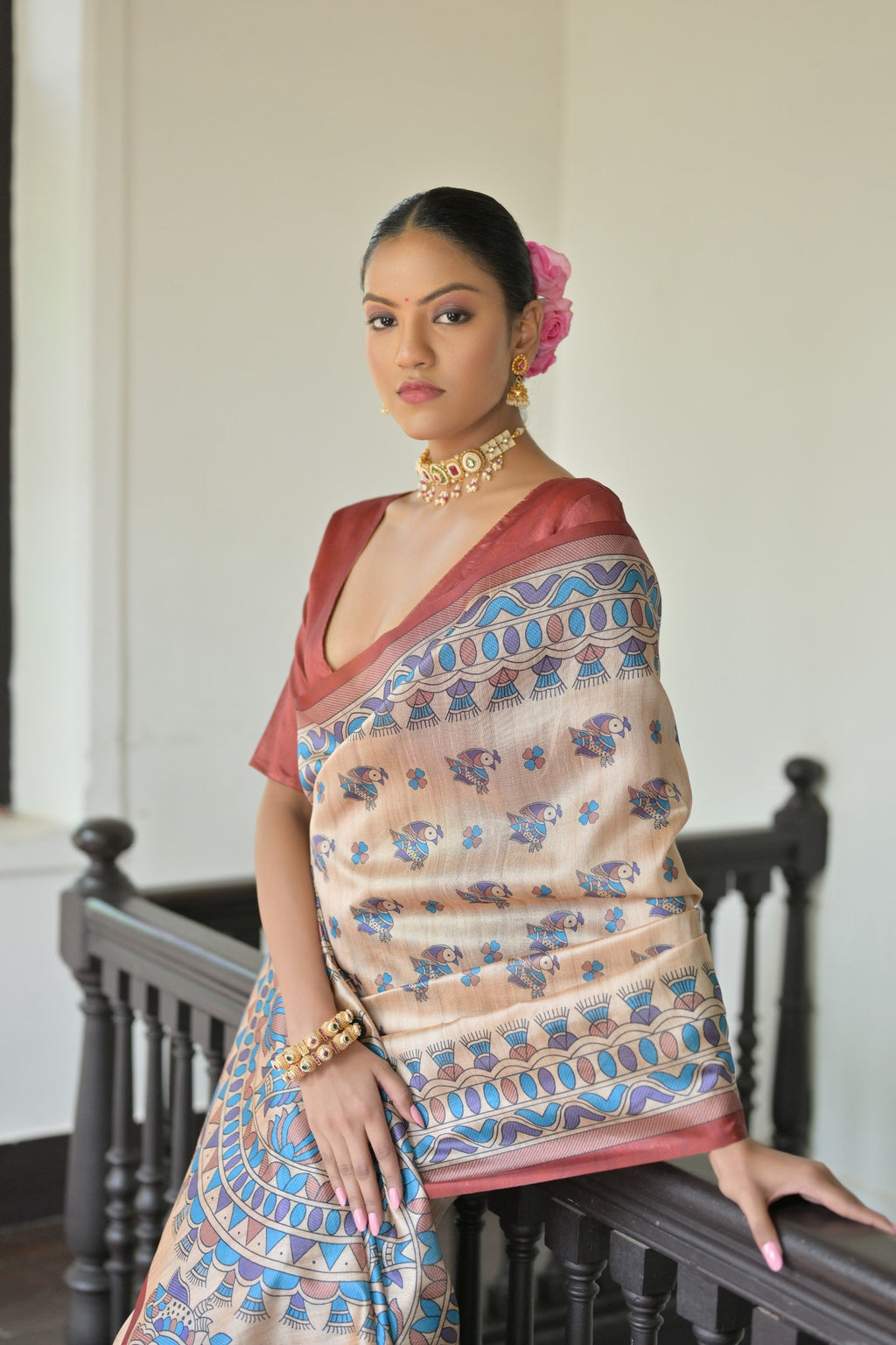 Red Soft Tussar Silk Designer Saree with Madhubani Print