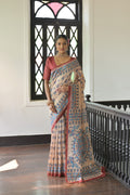 Vibrant red soft tussar silk designer saree with traditional Madhubani print and unstitched blouse