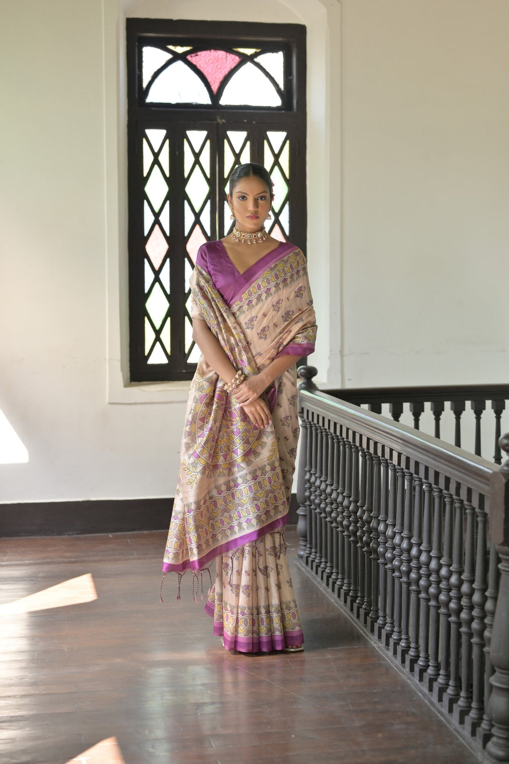 Wine Soft Tussar Silk Designer Saree with Madhubani Print & Blouse