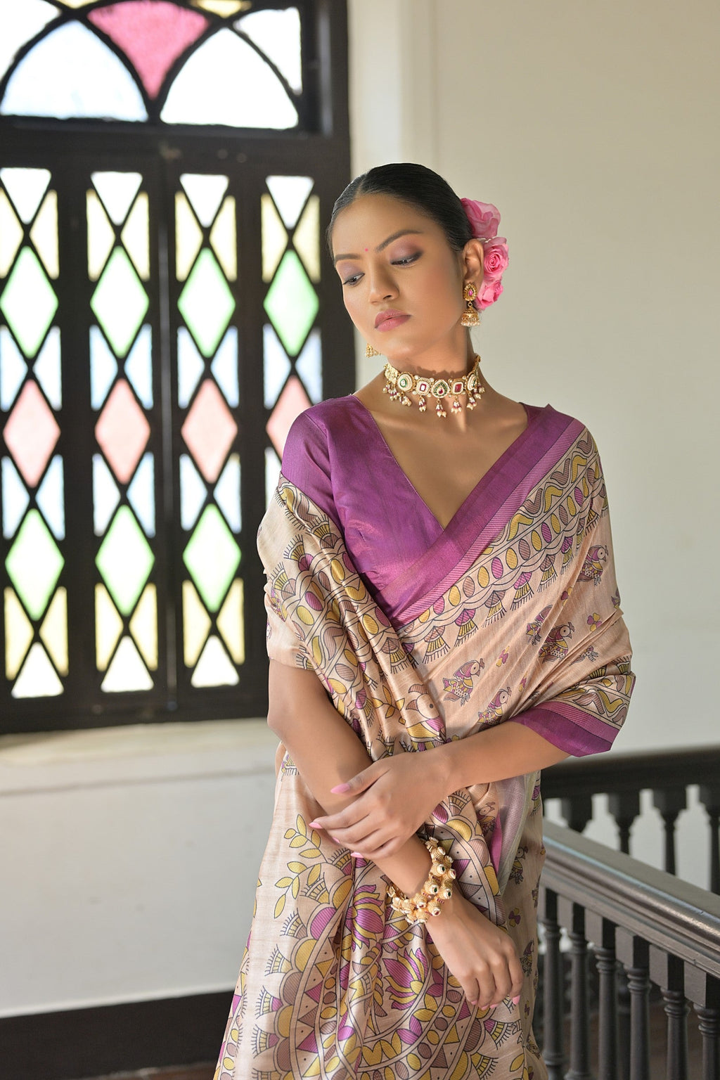 Wine Soft Tussar Silk Designer Saree with Madhubani Print & Blouse
