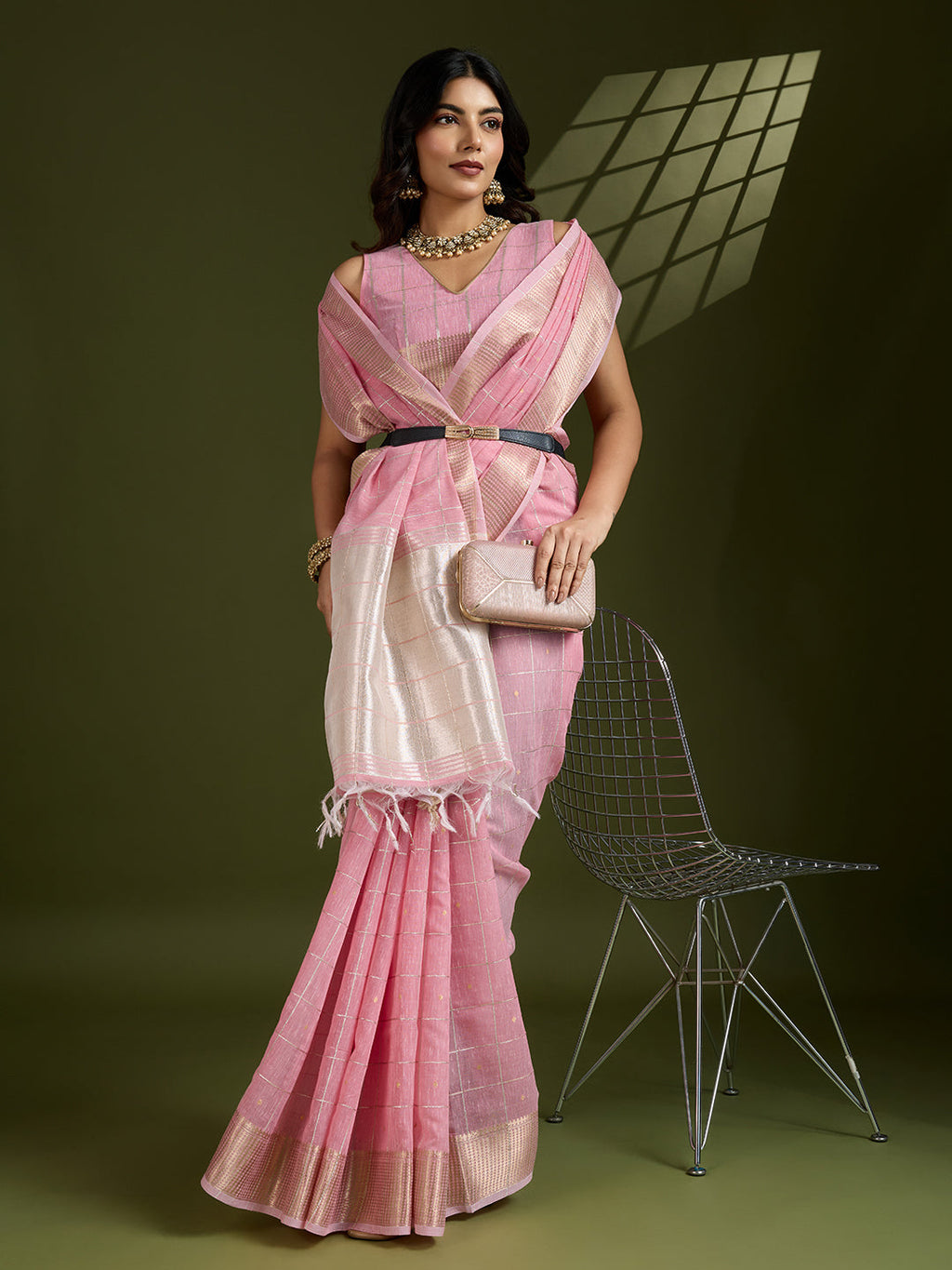 Pink Tissue Linen Silk Zari Woven Designer Saree