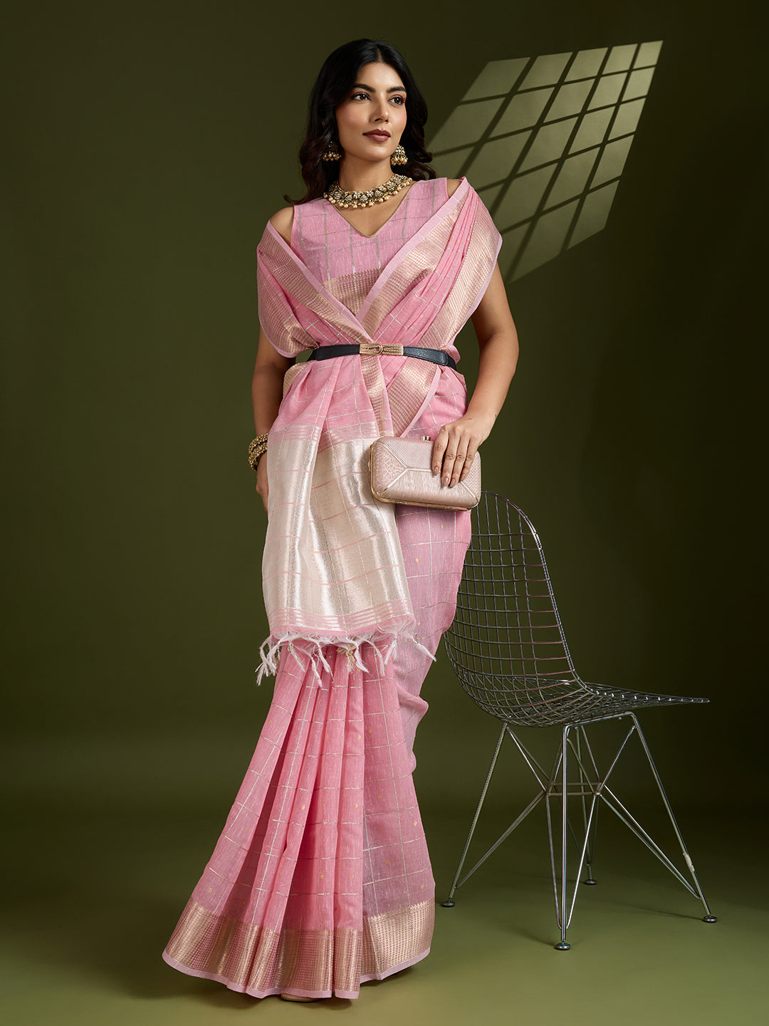 Pink Tissue Linen Silk Zari Woven Designer Saree