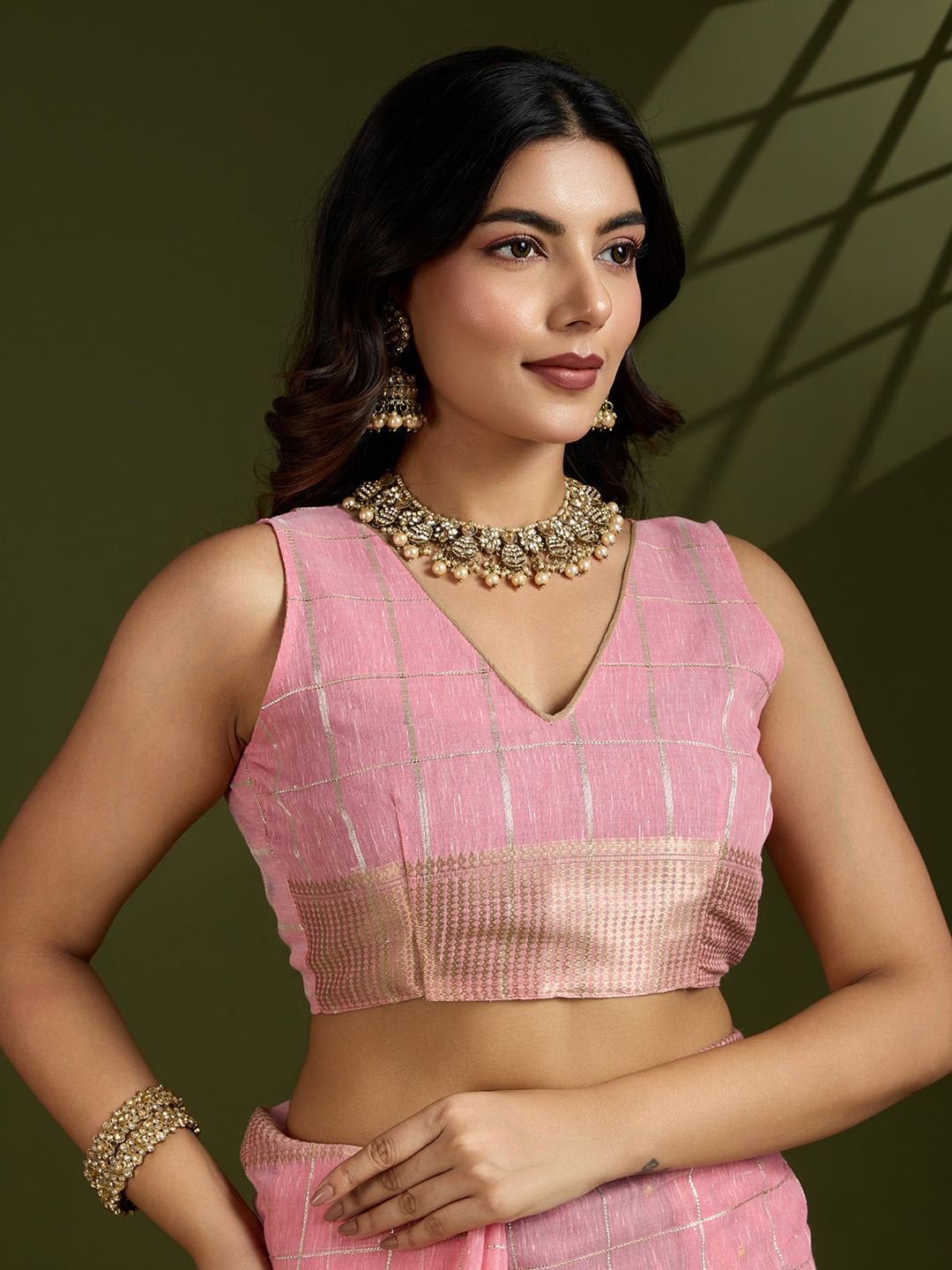 Pink Tissue Linen Silk Zari Woven Designer Saree