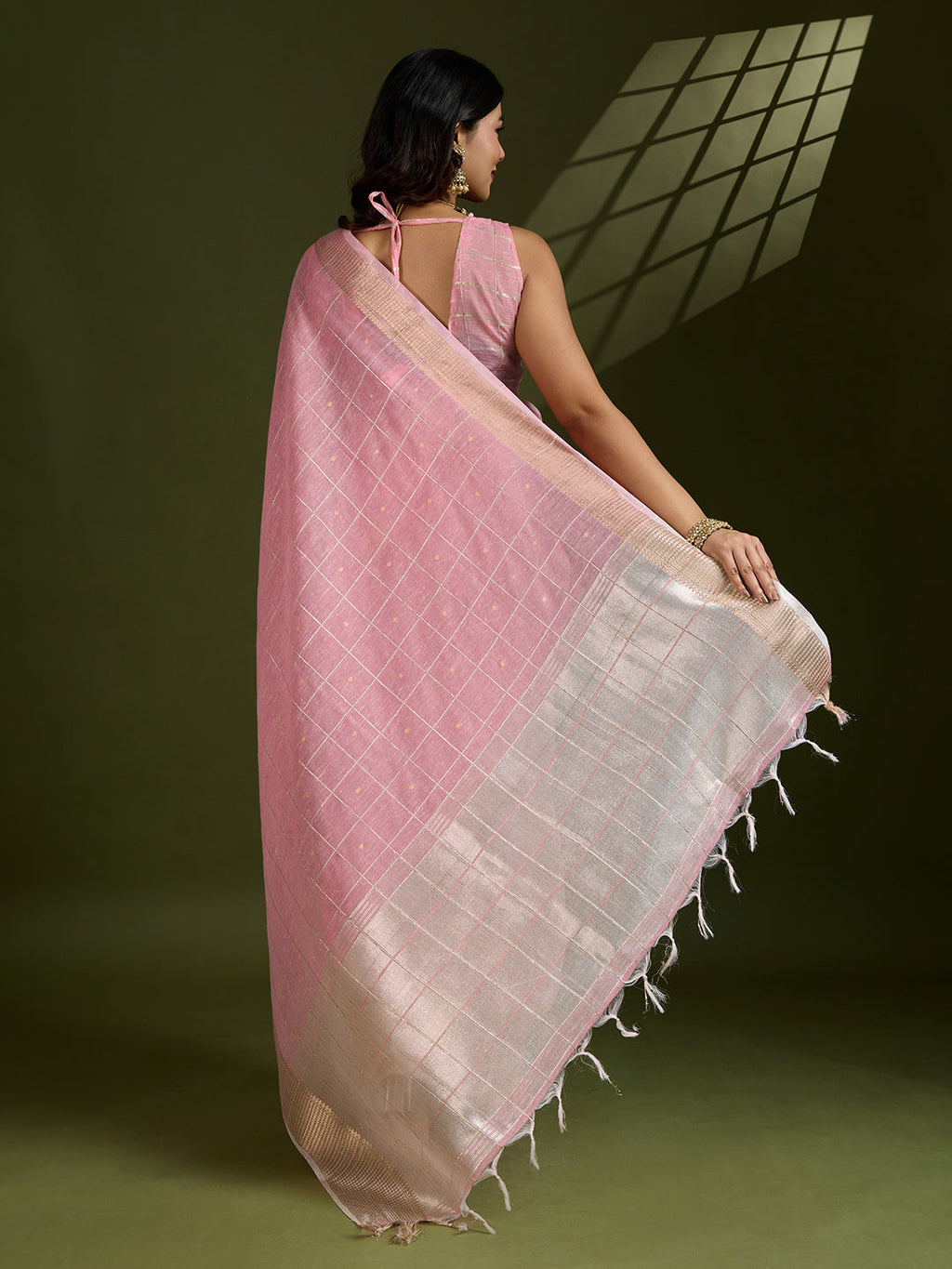 Pink Tissue Linen Silk Zari Woven Designer Saree