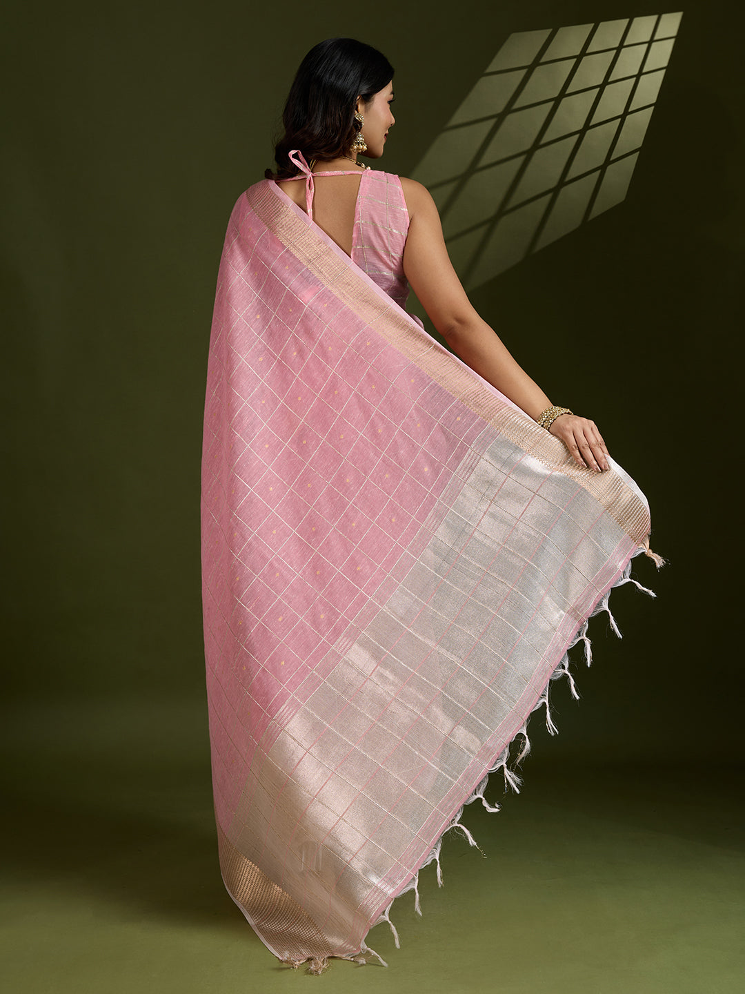 Pink Tissue Linen Silk Zari Woven Designer Saree