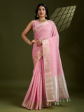 Pink tissue linen silk saree with delicate zari woven details and matching blouse piece.