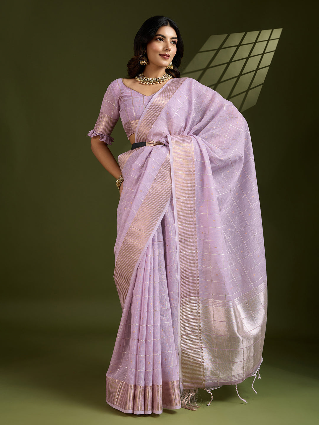 Purple Tissue Linen Silk Zari Woven Saree with Unstitched Blouse