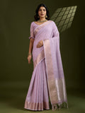 Elegant purple tissue linen silk saree with gold zari woven details and matching blouse piece