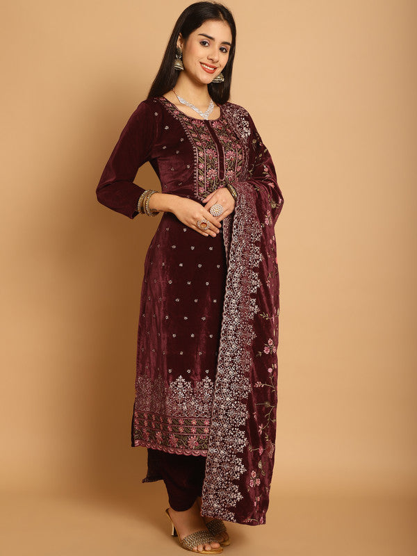 Maroon Velvet Floral Resham & Sequin Straight Suit Set
