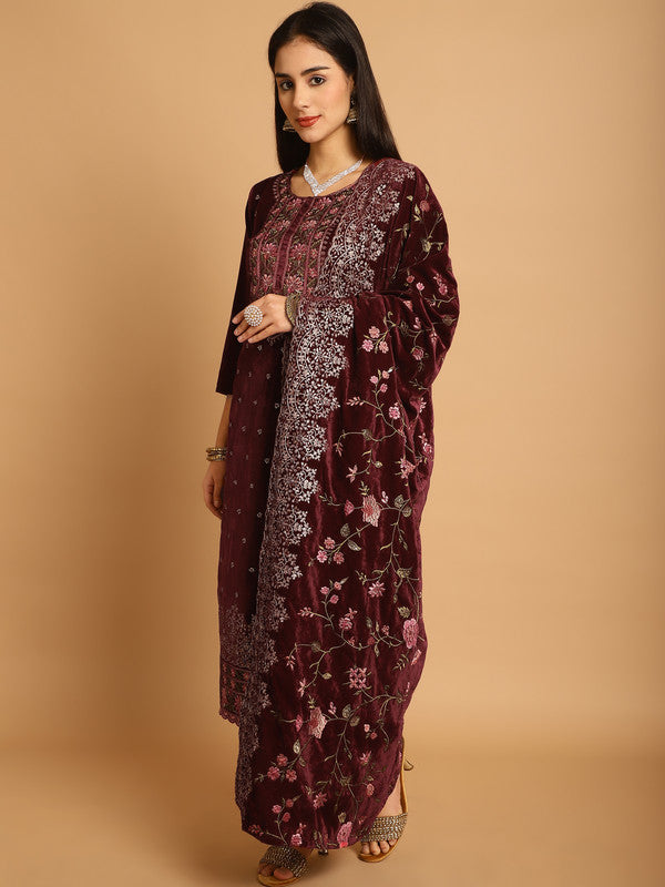 Maroon Velvet Floral Resham & Sequin Straight Suit Set