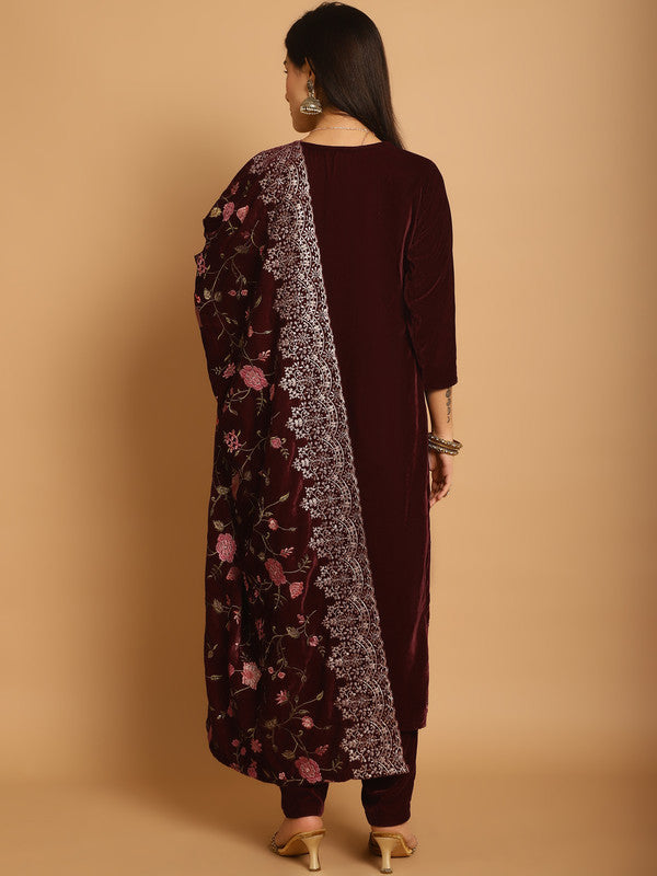 Maroon Velvet Floral Resham & Sequin Straight Suit Set