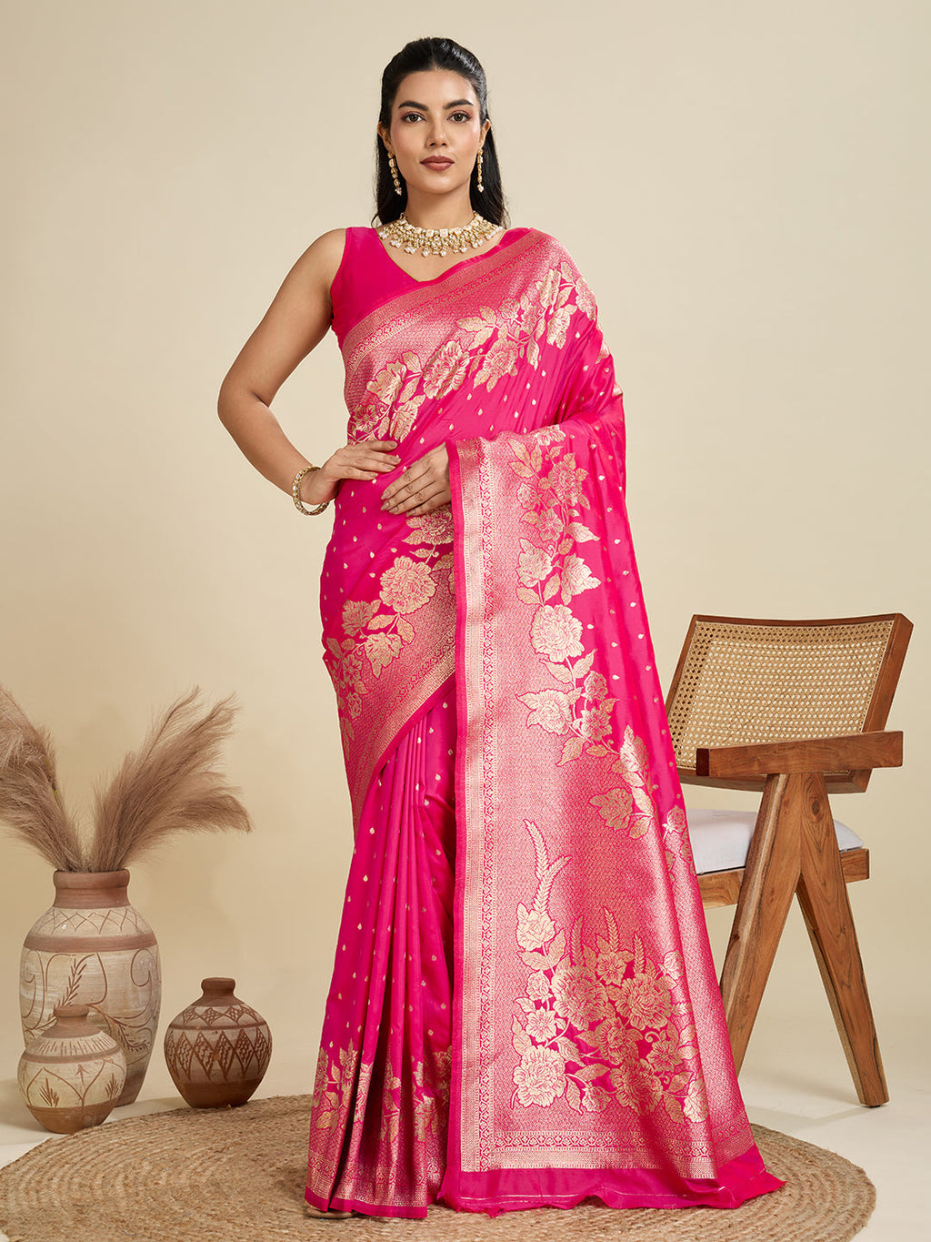 Pink soft Kanjivaram silk saree with beautiful zari woven borders.