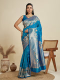 Blue soft Kanjivaram silk saree with zari weaving and 0.8m blouse piece