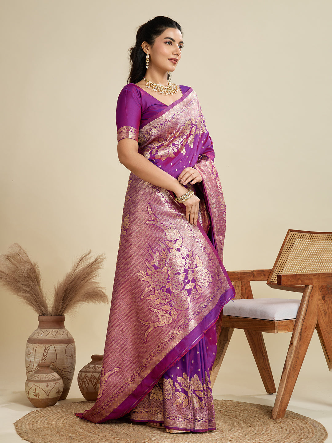 Purple Soft Kanjivaram Silk Saree with Zari Woven Designer Border