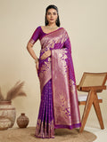 Purple soft Kanjivaram silk saree with Zari woven border and matching blouse