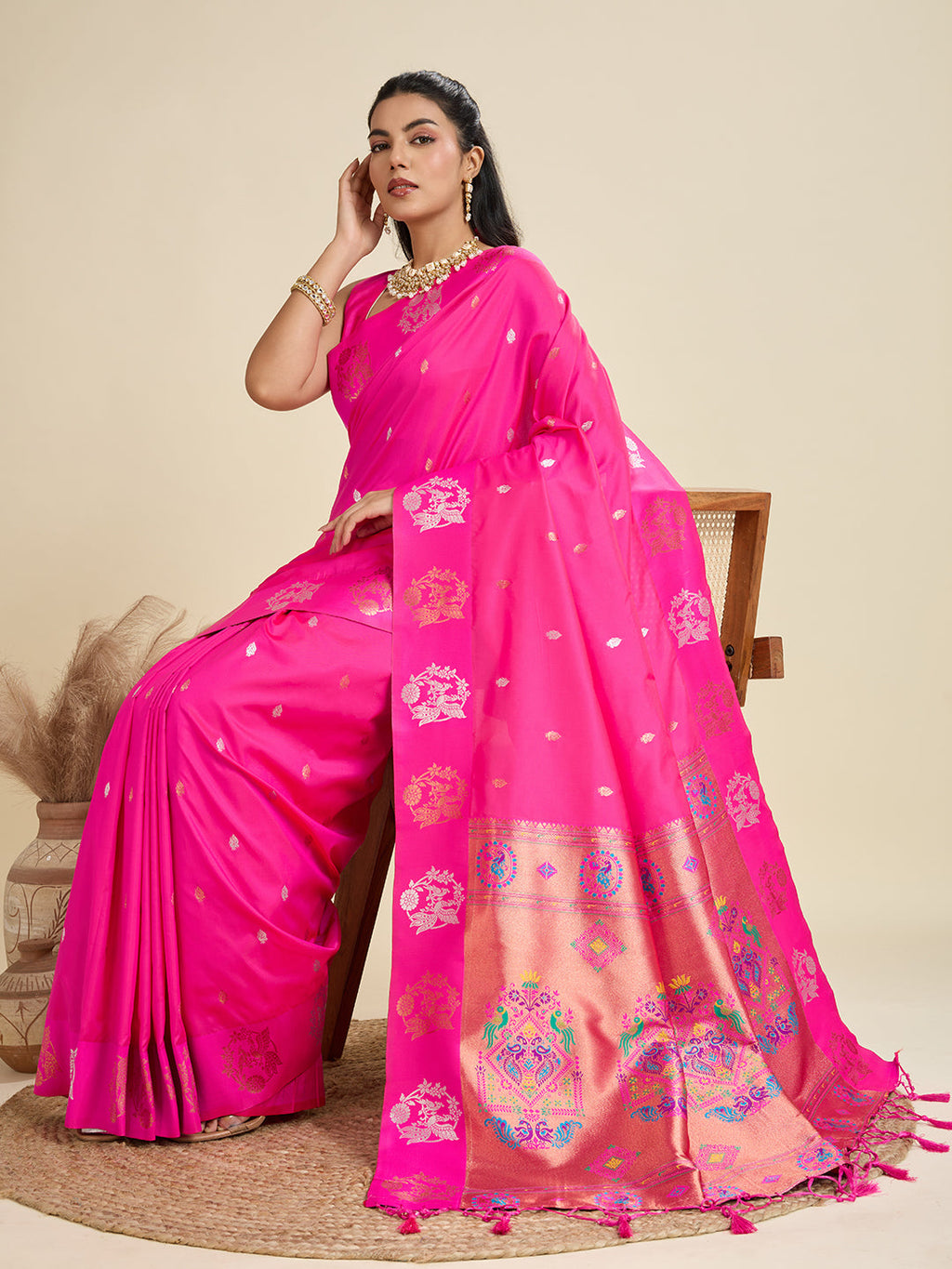Pink Soft Kanjivaram Paithani Silk Saree with Zari Woven Border