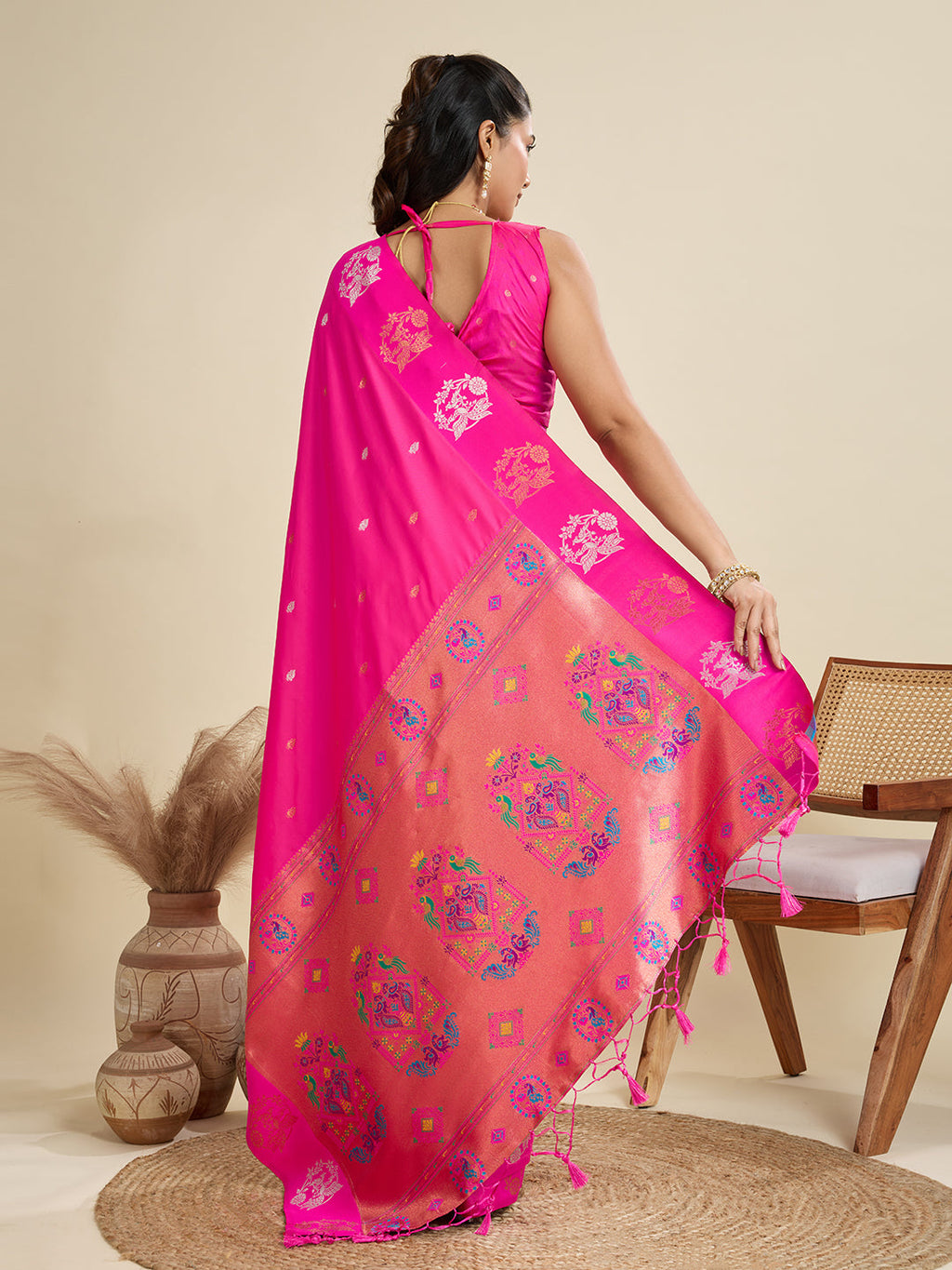 Pink Soft Kanjivaram Paithani Silk Saree with Zari Woven Border