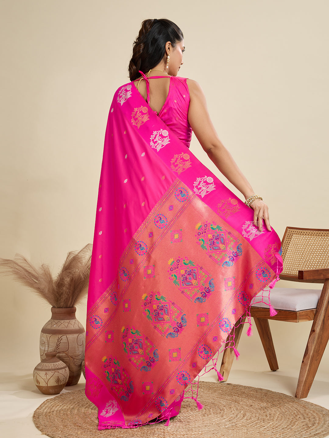 Pink Soft Kanjivaram Paithani Silk Saree with Zari Woven Border