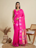 Pink soft Kanjivaram Paithani silk saree with ornate gold and silver zari weaving and matching blouse