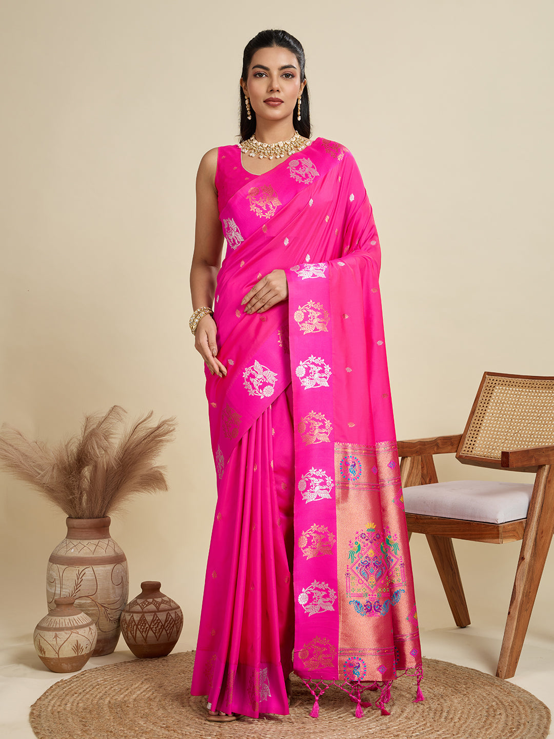 Pink soft Kanjivaram Paithani silk saree with ornate gold and silver zari weaving and matching blouse