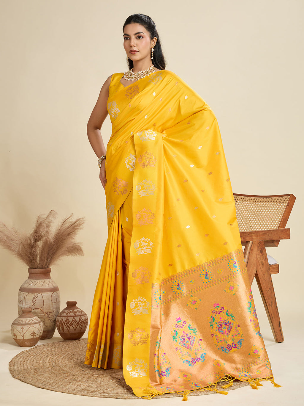 Yellow Soft Kanjivaram Paithani Silk Saree with Zari Weave
