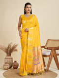 Vibrant yellow Kanjivaram Paithani silk saree with silver and gold zari work