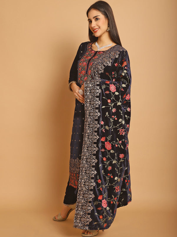 Jyoti Fashion Women's Navy Blue Velvet Floral Resham Thread with Jari & Sequince work Designer Straight Suit Set
