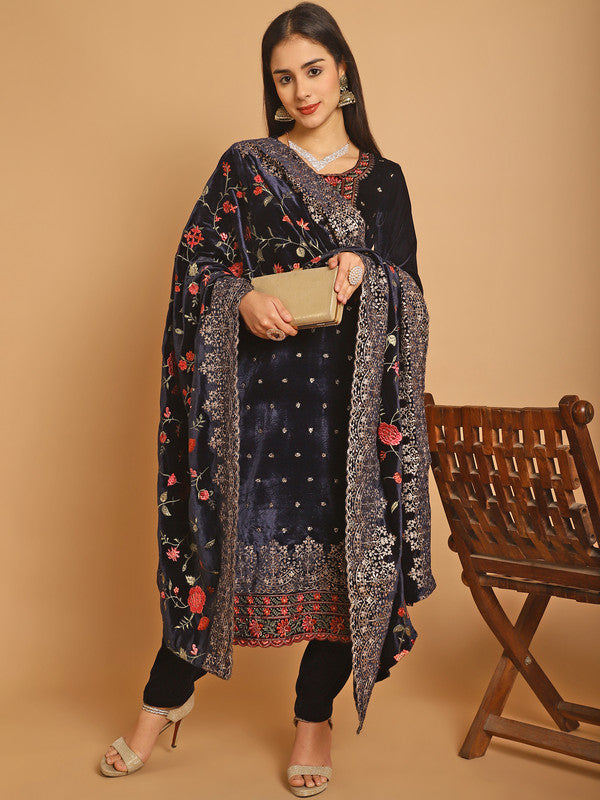 Jyoti Fashion Women's Navy Blue Velvet Floral Resham Thread with Jari & Sequince work Designer Straight Suit Set