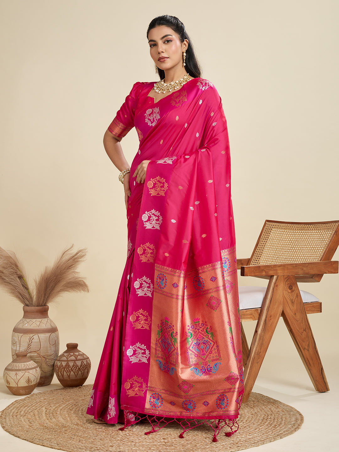 Jyoti Fashion Women's Rani Pink Soft Kanjivaram Paithani Silk Zari Woven Designer Saree with Blouse