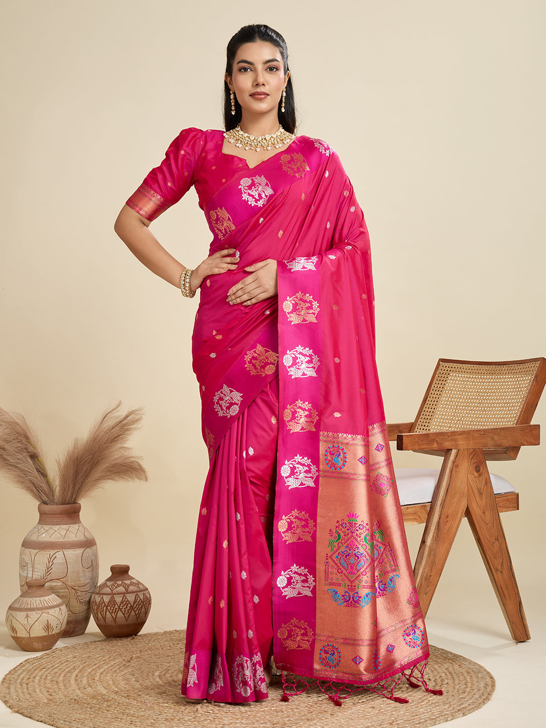 Jyoti Fashion Women's Rani Pink Soft Kanjivaram Paithani Silk Zari Woven Designer Saree with Blouse
