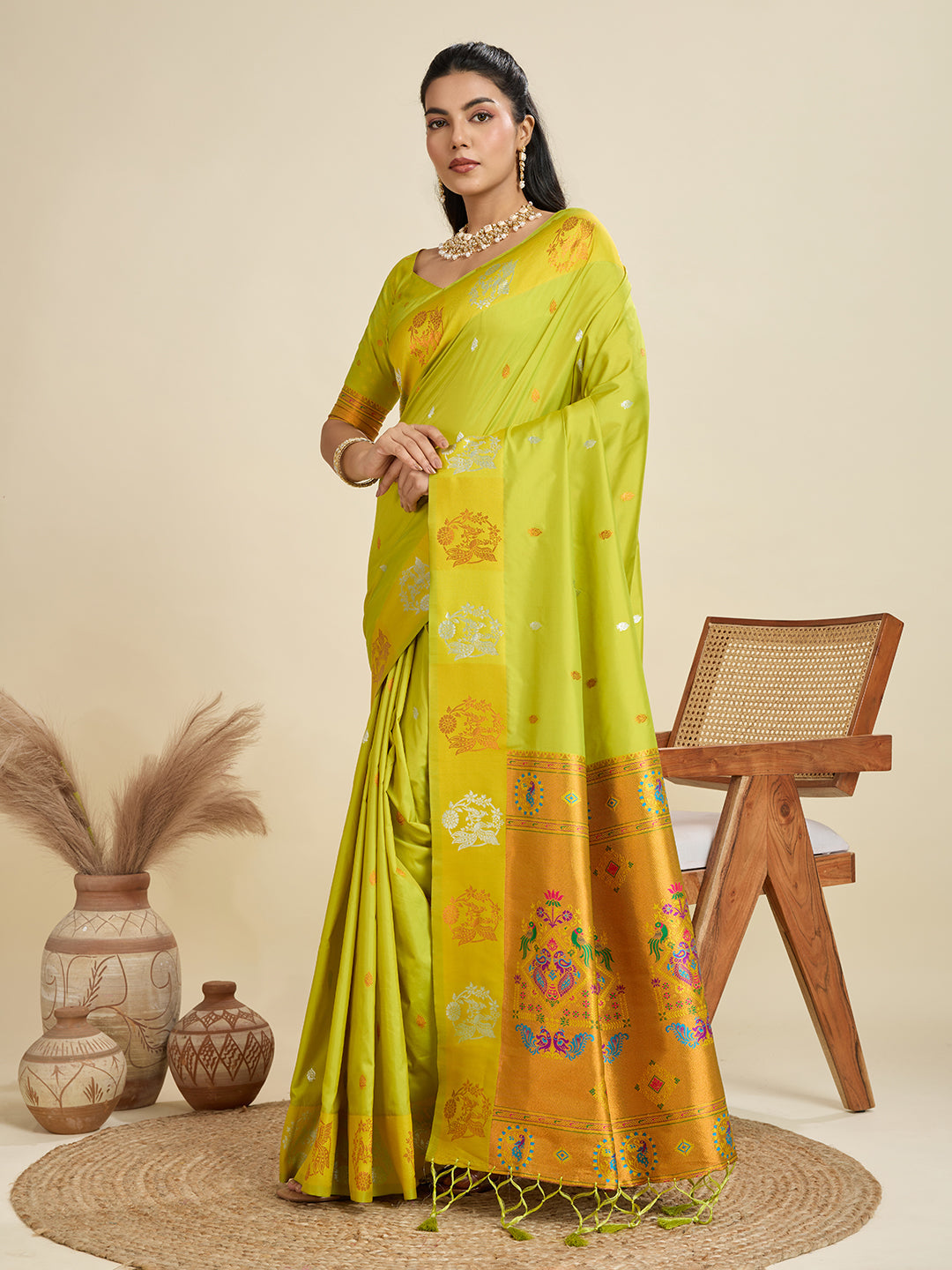 Mehendi Soft Kanjivaram Paithani Silk Saree with Zari Weaving