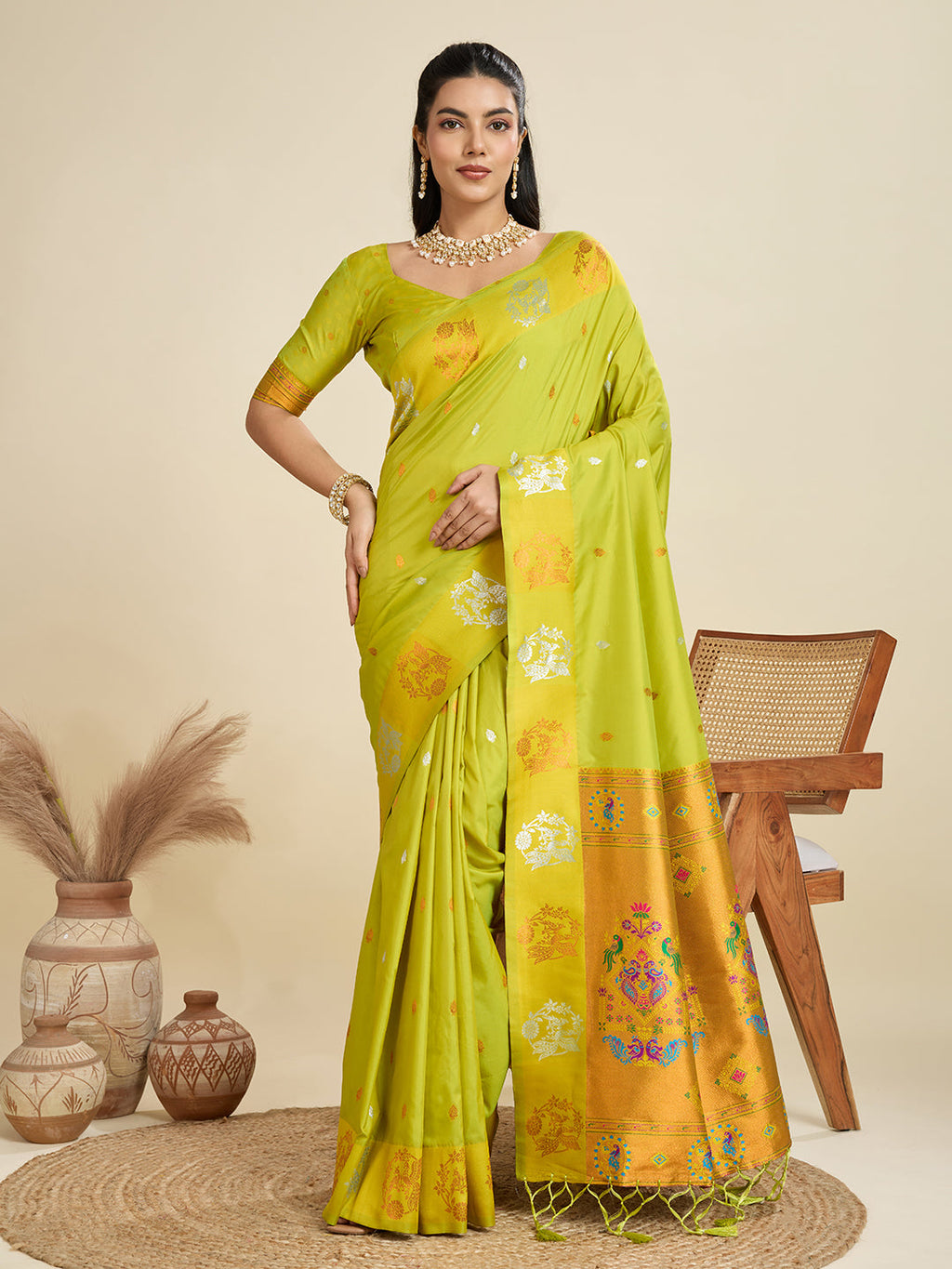 Mehendi green Kanjivaram Paithani silk saree with gold and silver Zari weaving