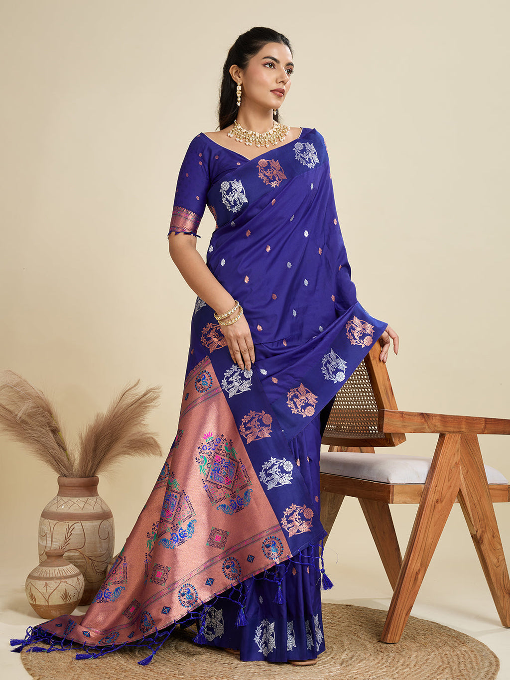 Blue Kanjivaram Paithani Silk Saree with Zari Woven Designer Blouse