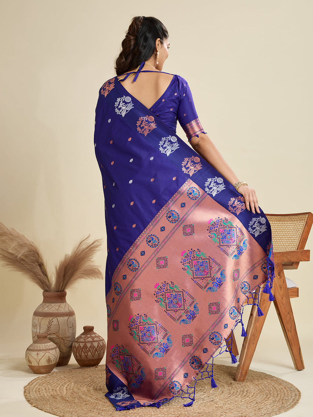 Blue Kanjivaram Paithani Silk Saree with Zari Woven Designer Blouse