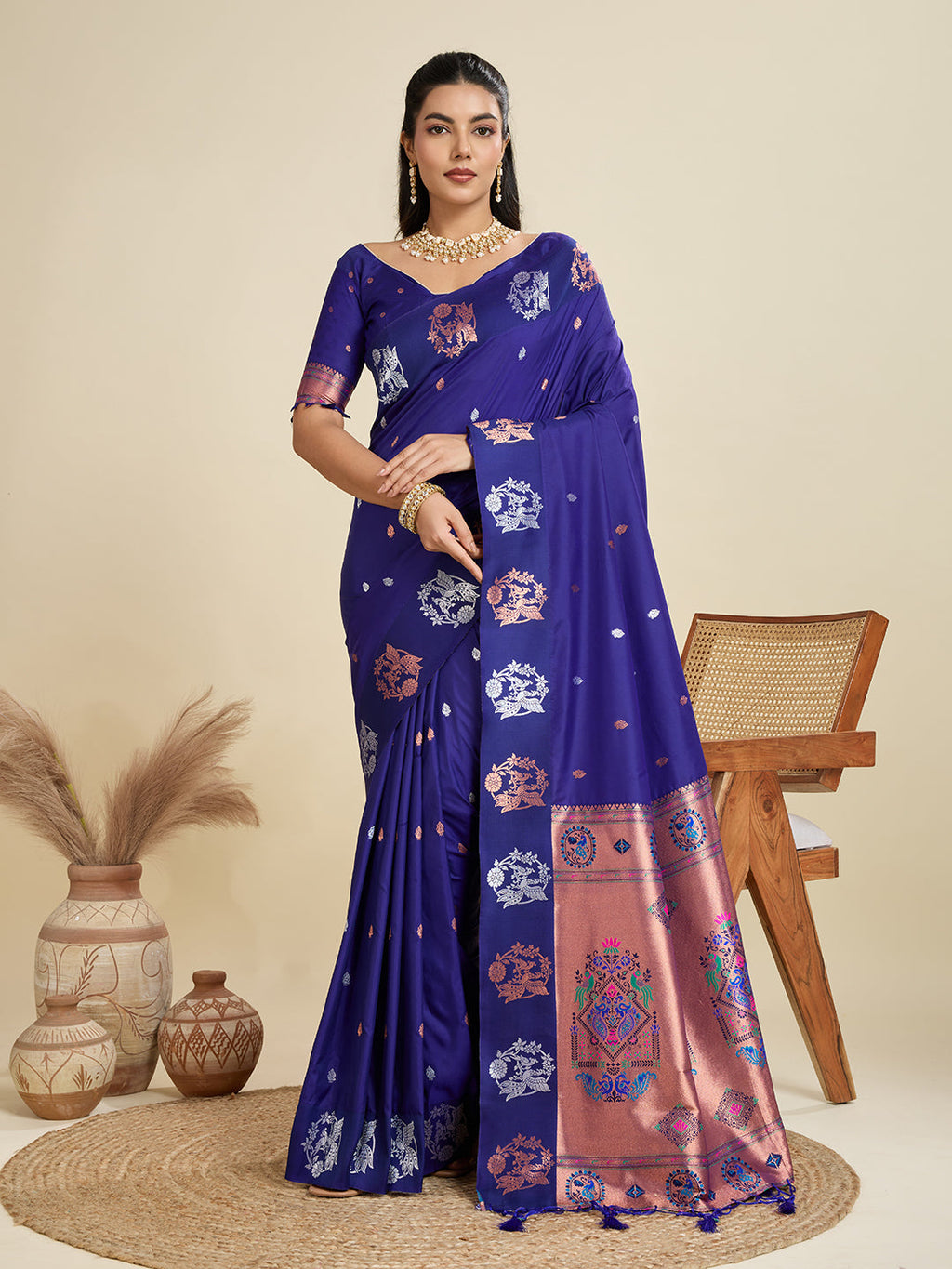 Blue Kanjivaram Paithani silk saree with silver and gold zari weaving and matching blouse