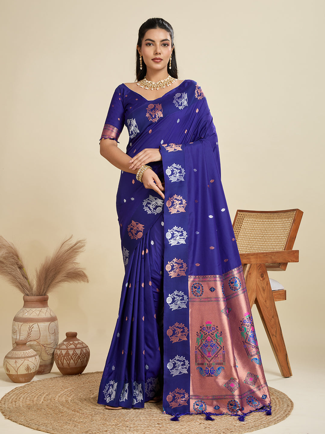 Blue Kanjivaram Paithani silk saree with silver and gold zari weaving and matching blouse