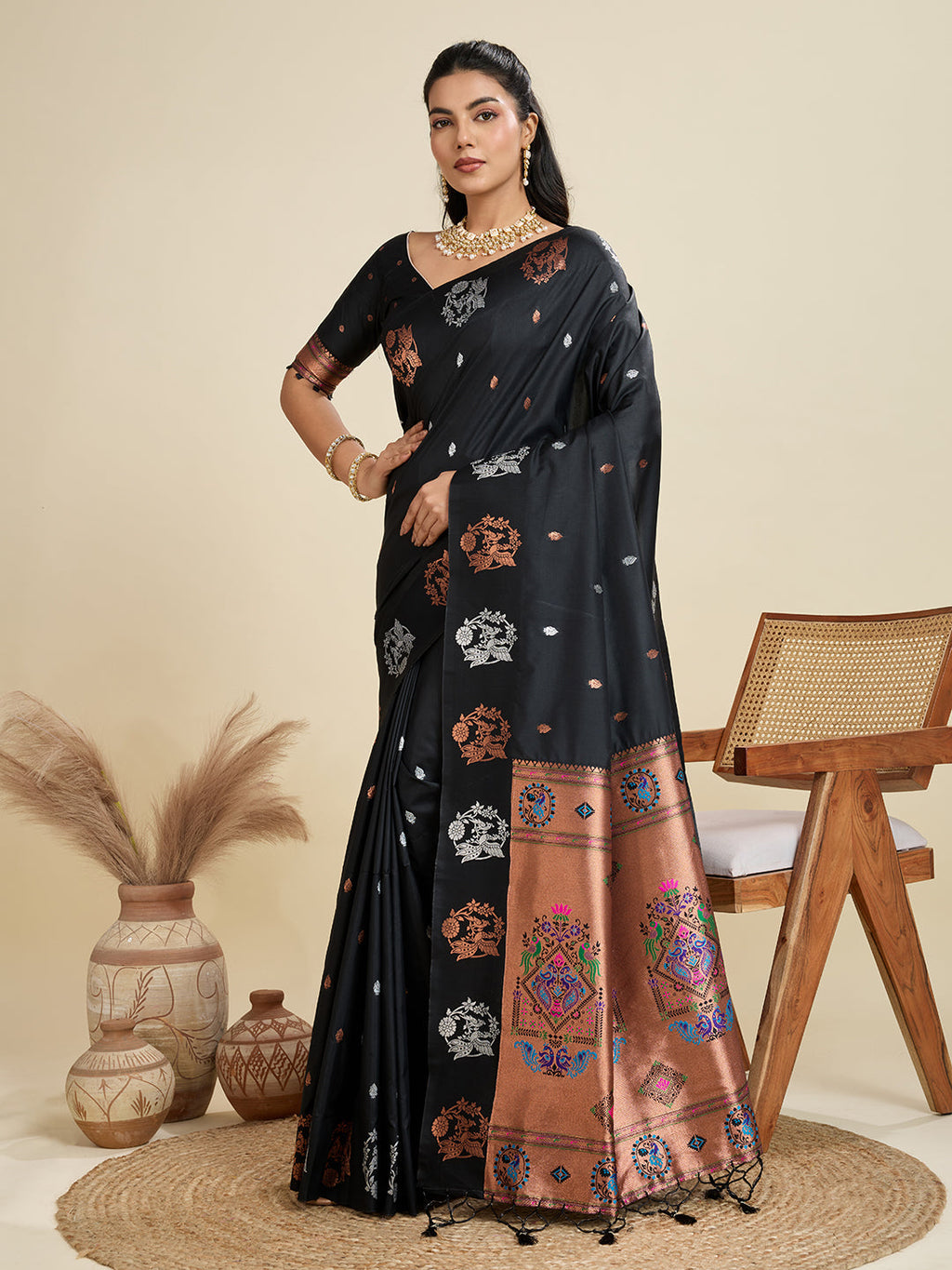 Black Soft Kanjivaram Paithani Silk Zari Woven Designer Saree