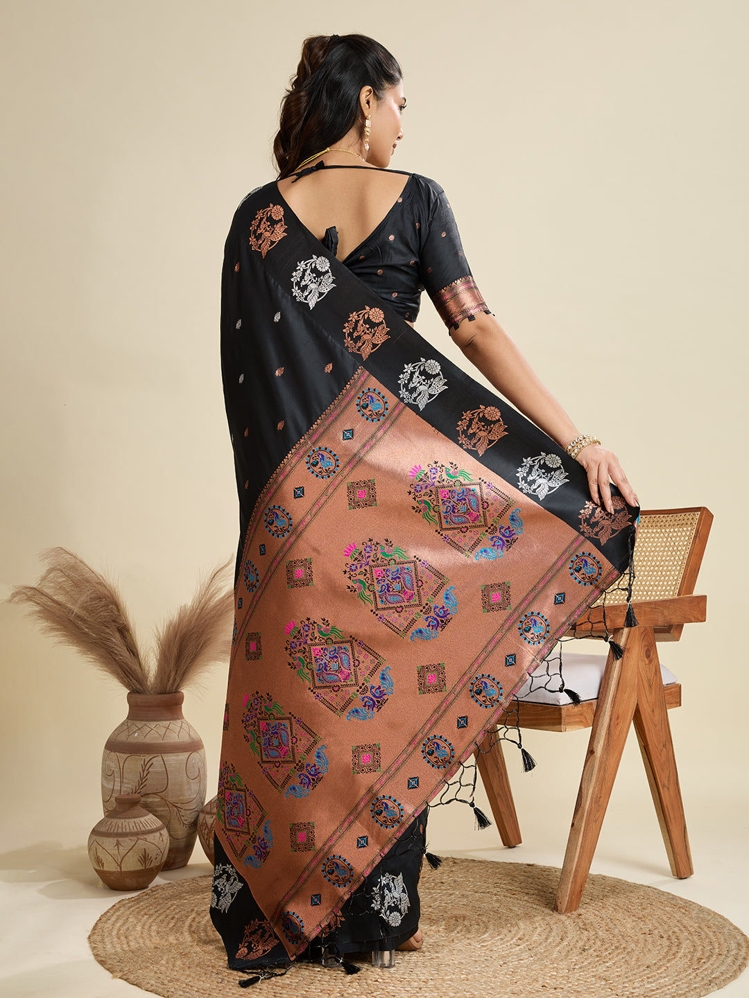 Black Soft Kanjivaram Paithani Silk Zari Woven Designer Saree