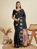 Black Kanjivaram Paithani silk saree with metallic silver and gold zari weaving.