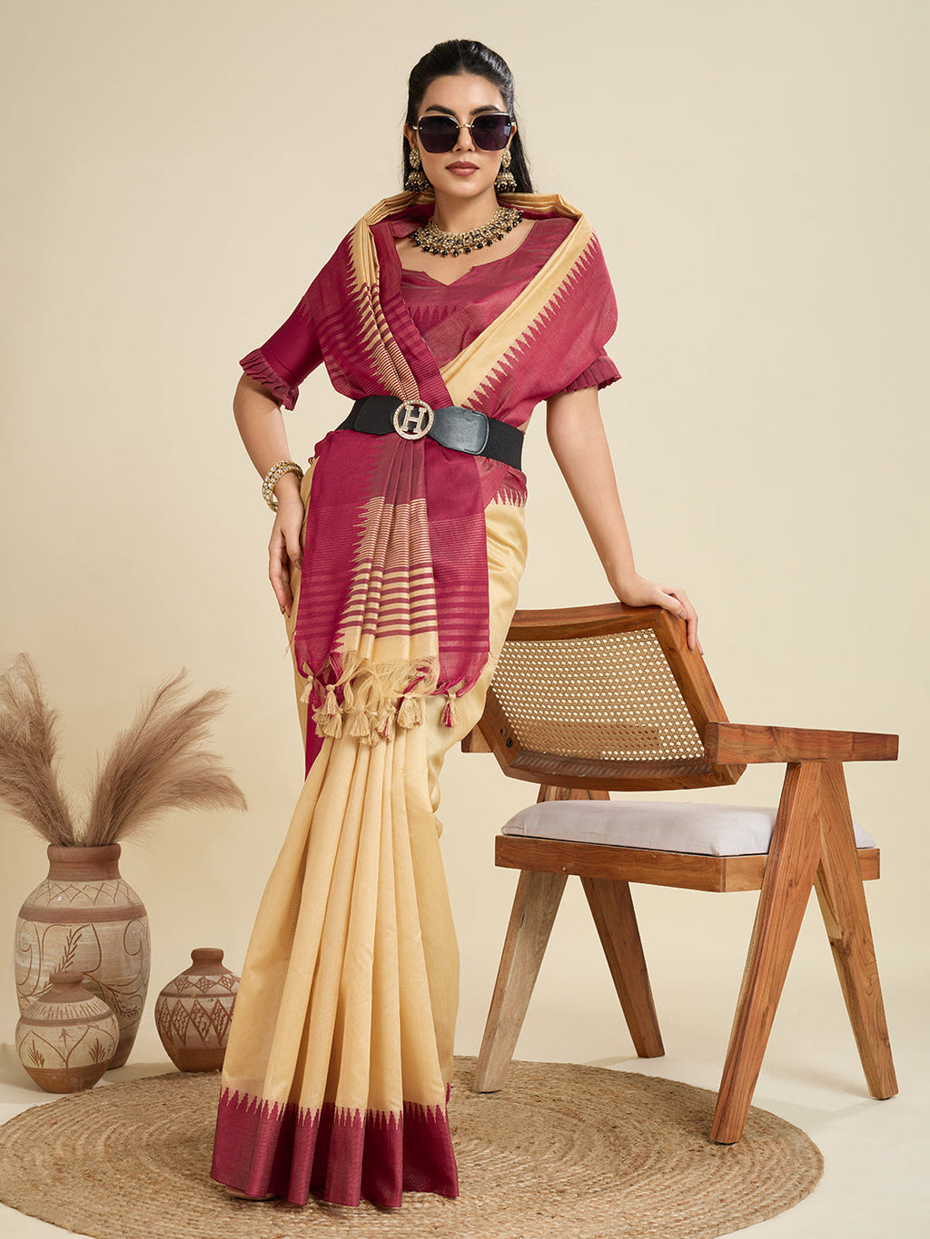 Cream Khadi Raw Silk Temple Border Saree with Matching Blouse