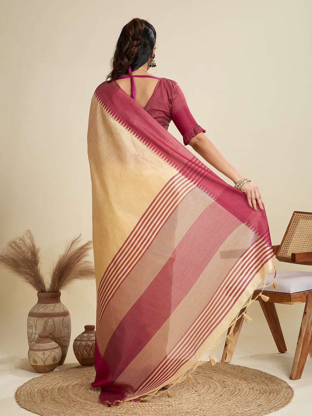 Cream Khadi Raw Silk Temple Border Saree with Matching Blouse