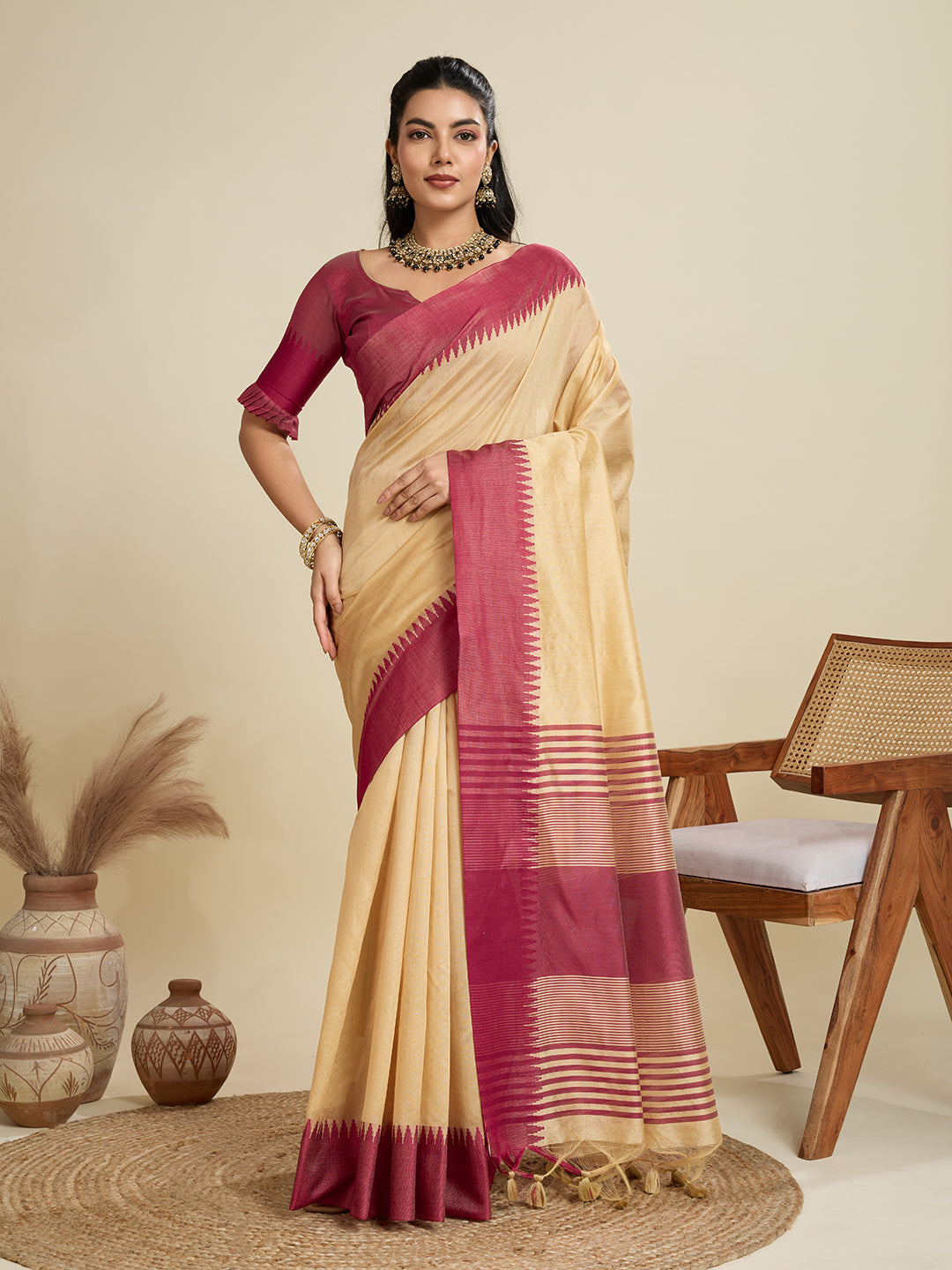 Cream Khadi raw silk saree with intricate temple woven border design
