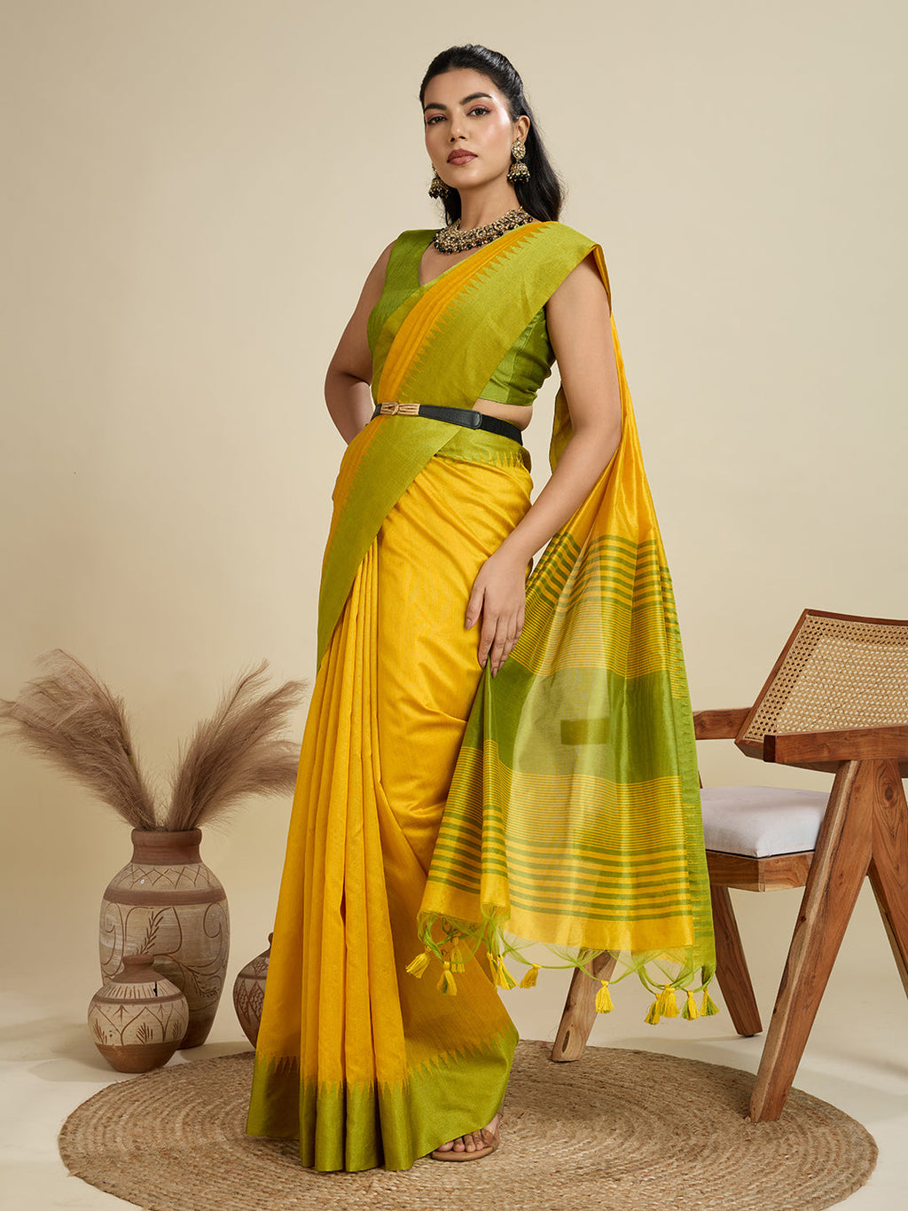 Yellow Khadi Raw Silk Saree with Traditional Temple Border
