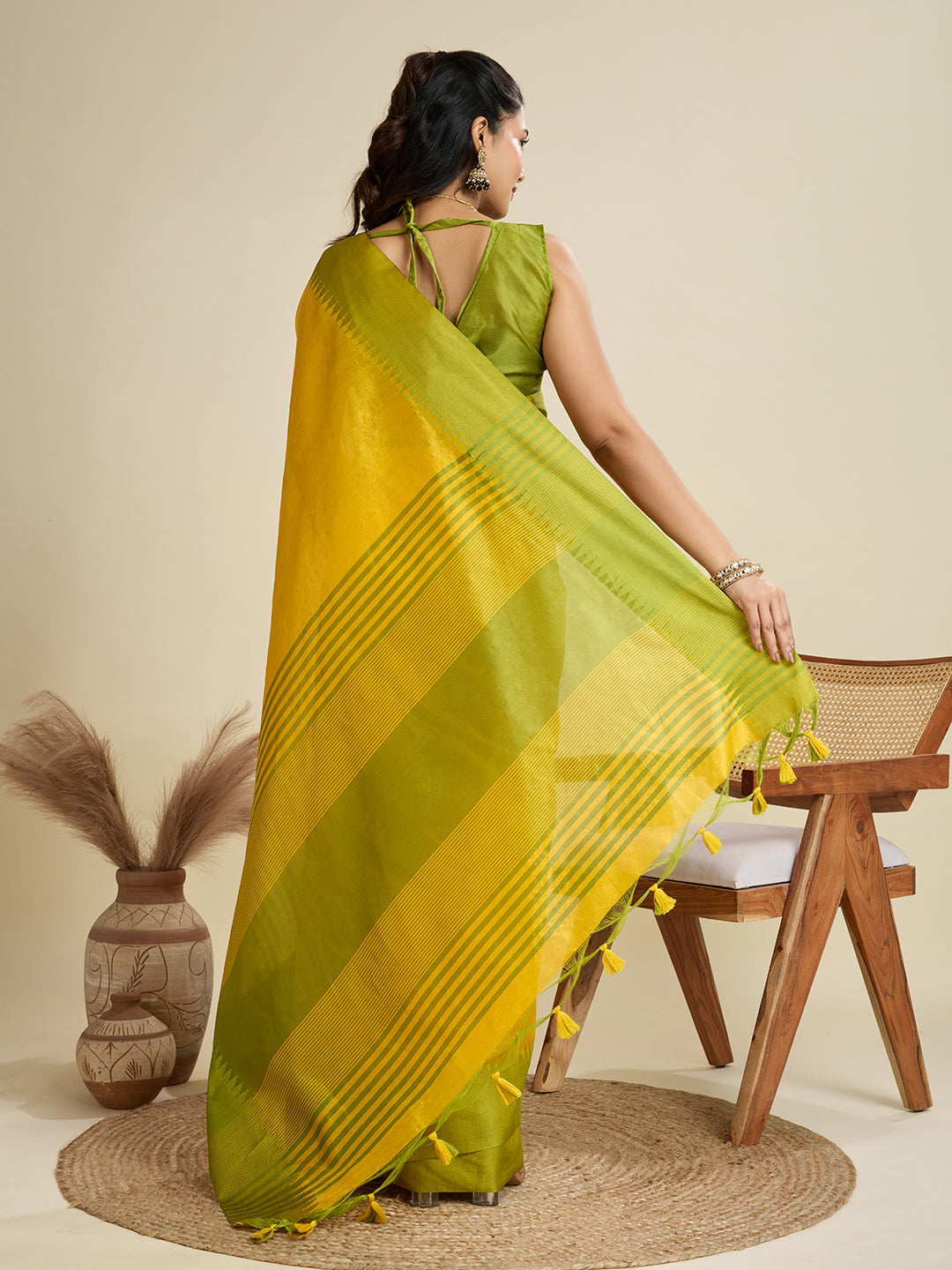 Yellow Khadi Raw Silk Saree with Traditional Temple Border