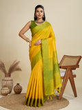 Yellow Khadi raw silk saree with traditional temple woven border and matching blouse