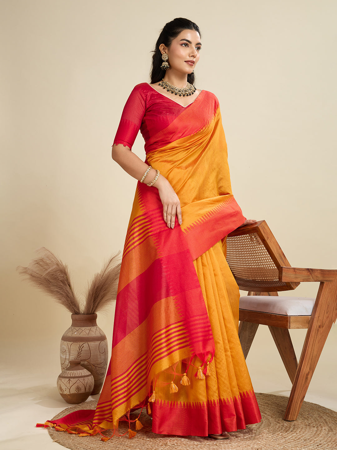 Mustard Khadi Raw Silk Designer Saree with Temple Border