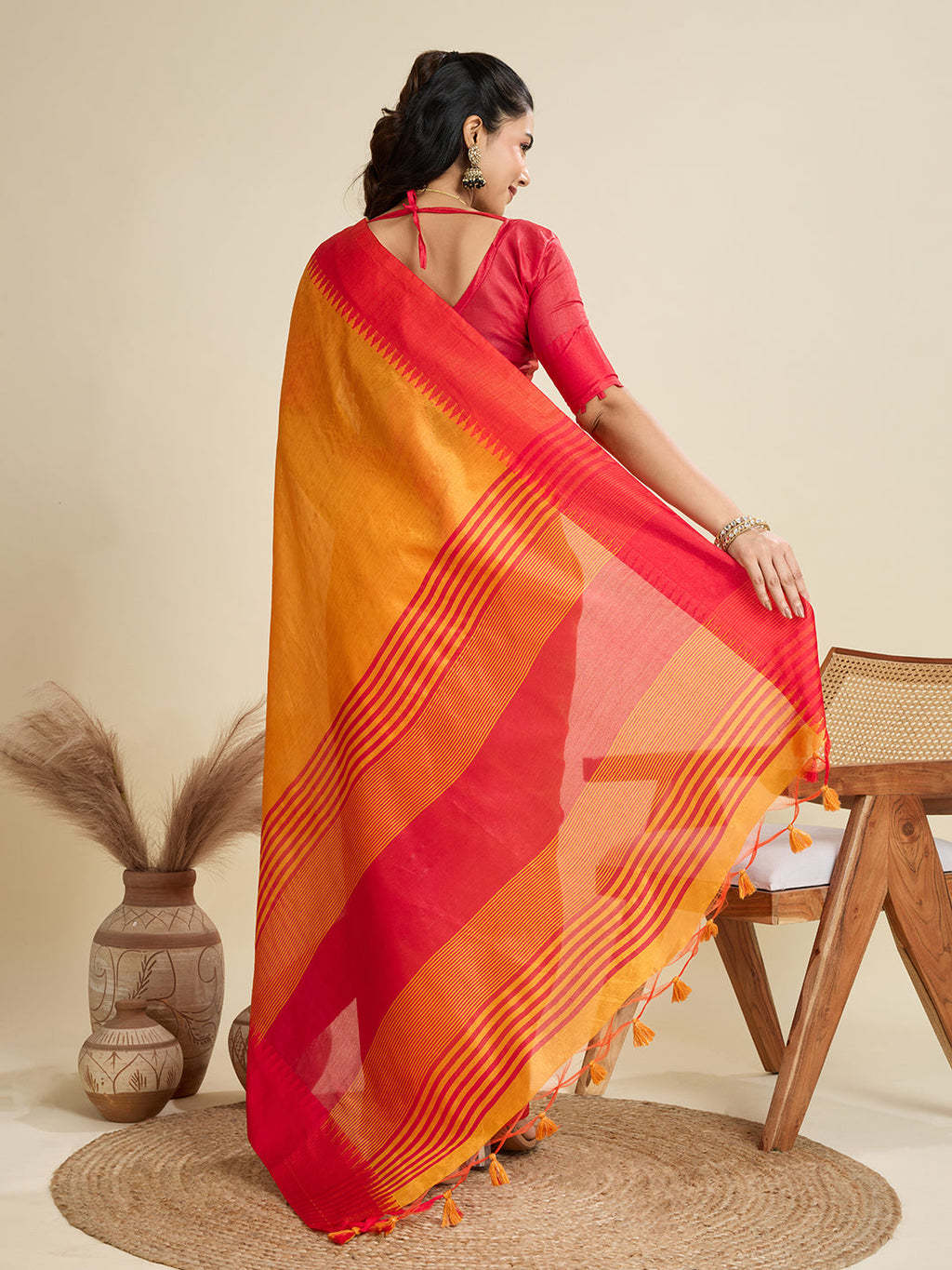 Mustard Khadi Raw Silk Designer Saree with Temple Border