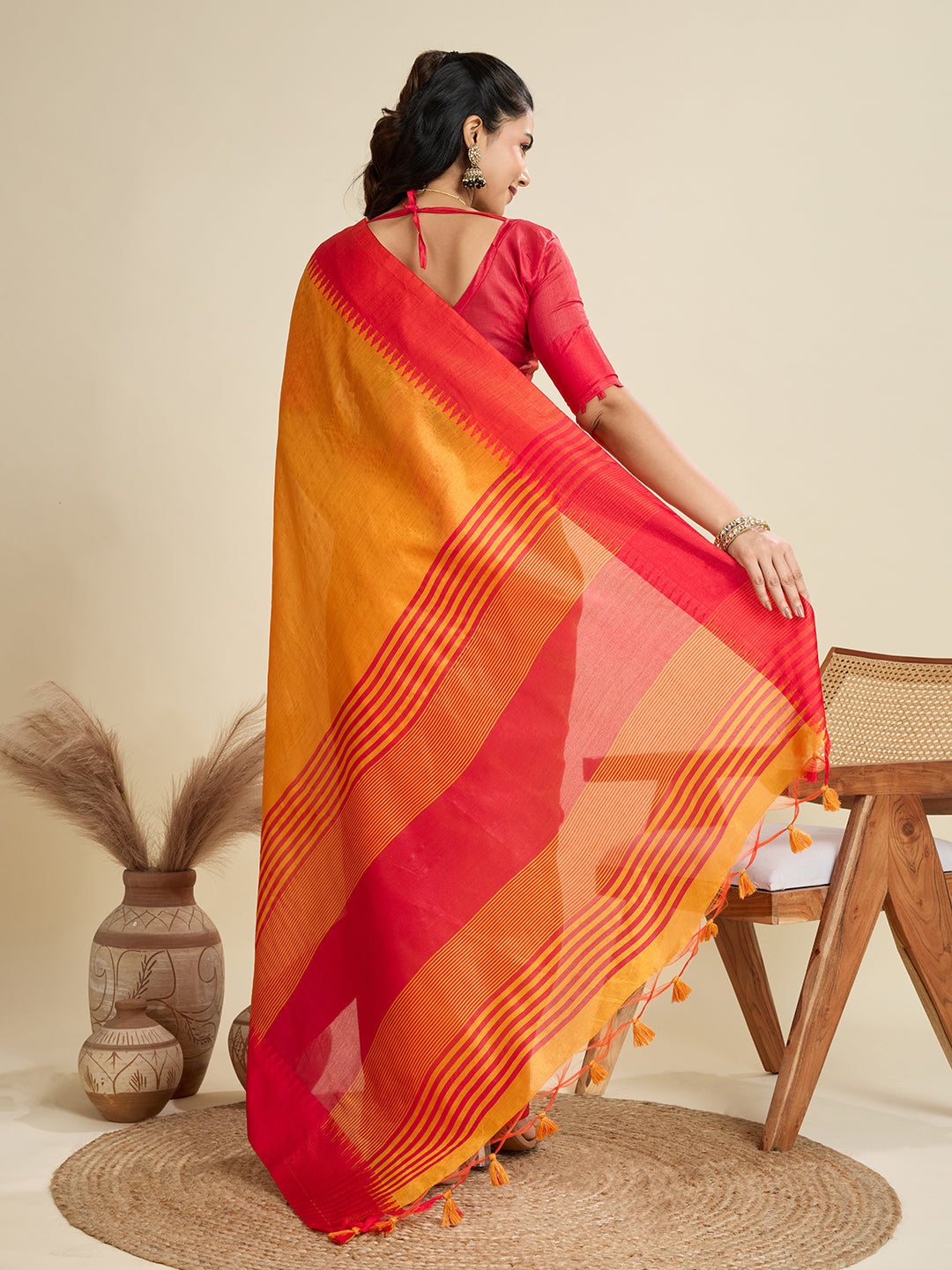 Mustard Khadi Raw Silk Designer Saree with Temple Border